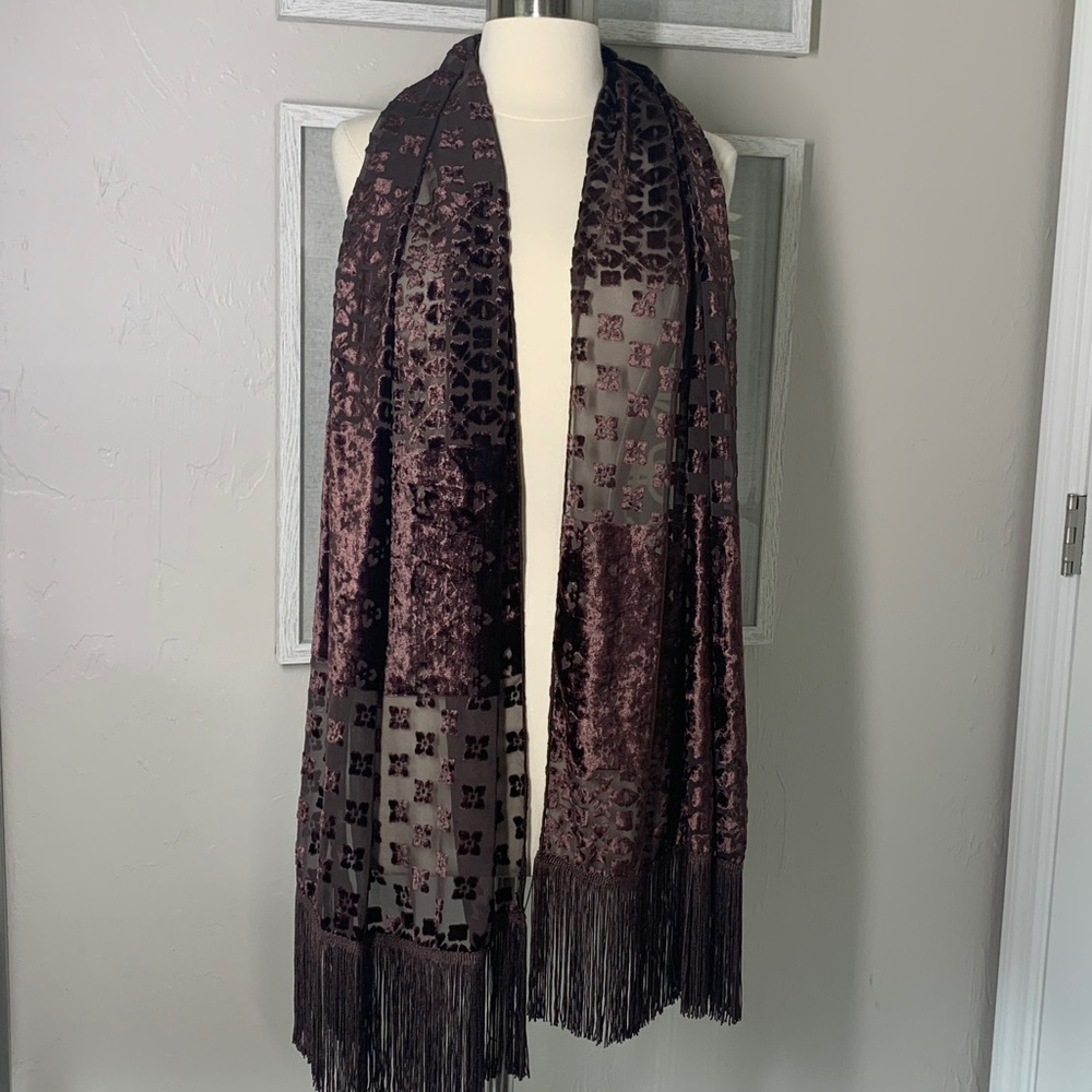 Spinoso Brown velvet burnout scarf with fringe